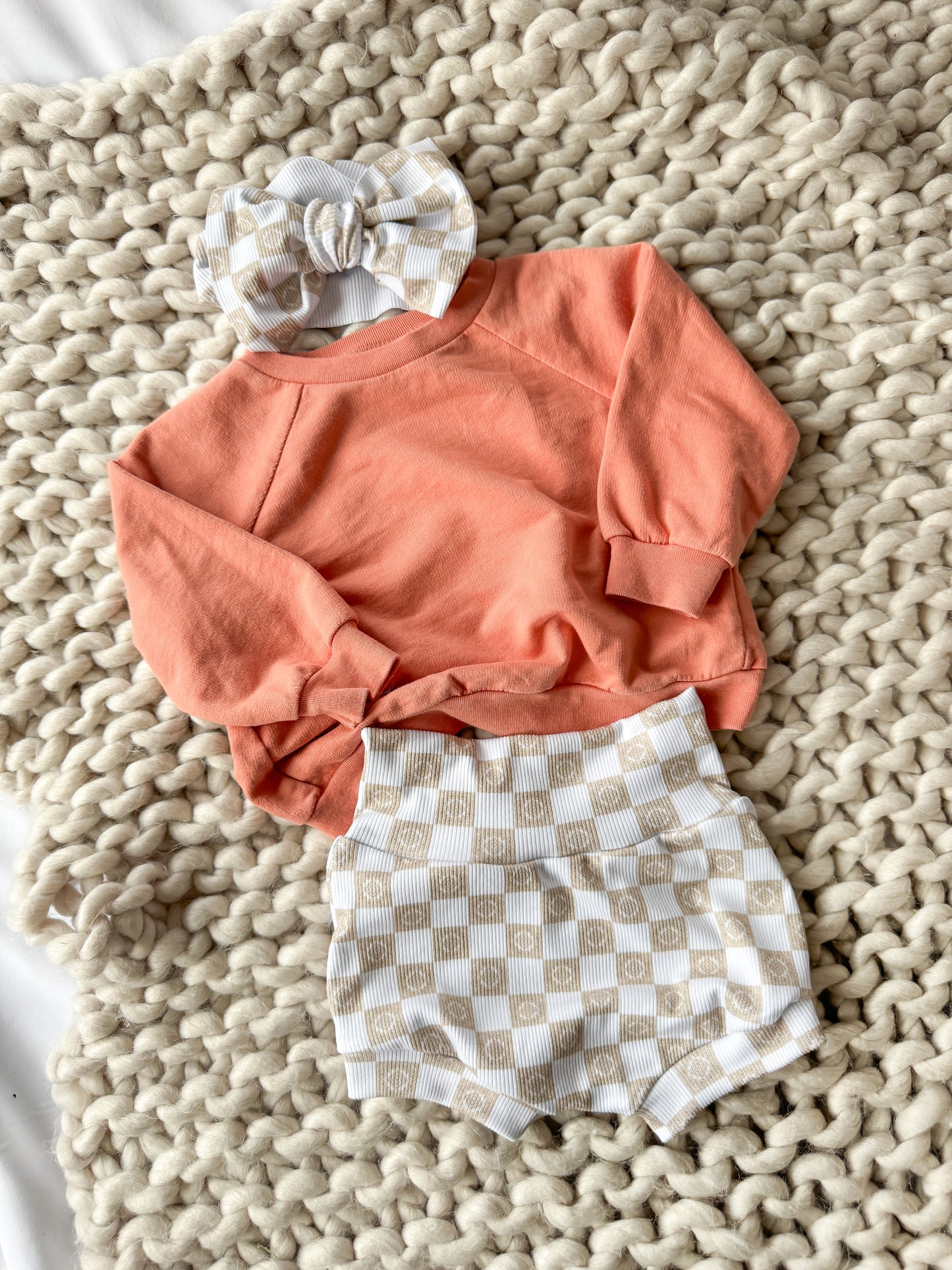 Checkered High Waist Rib Knit Bummies & Bow