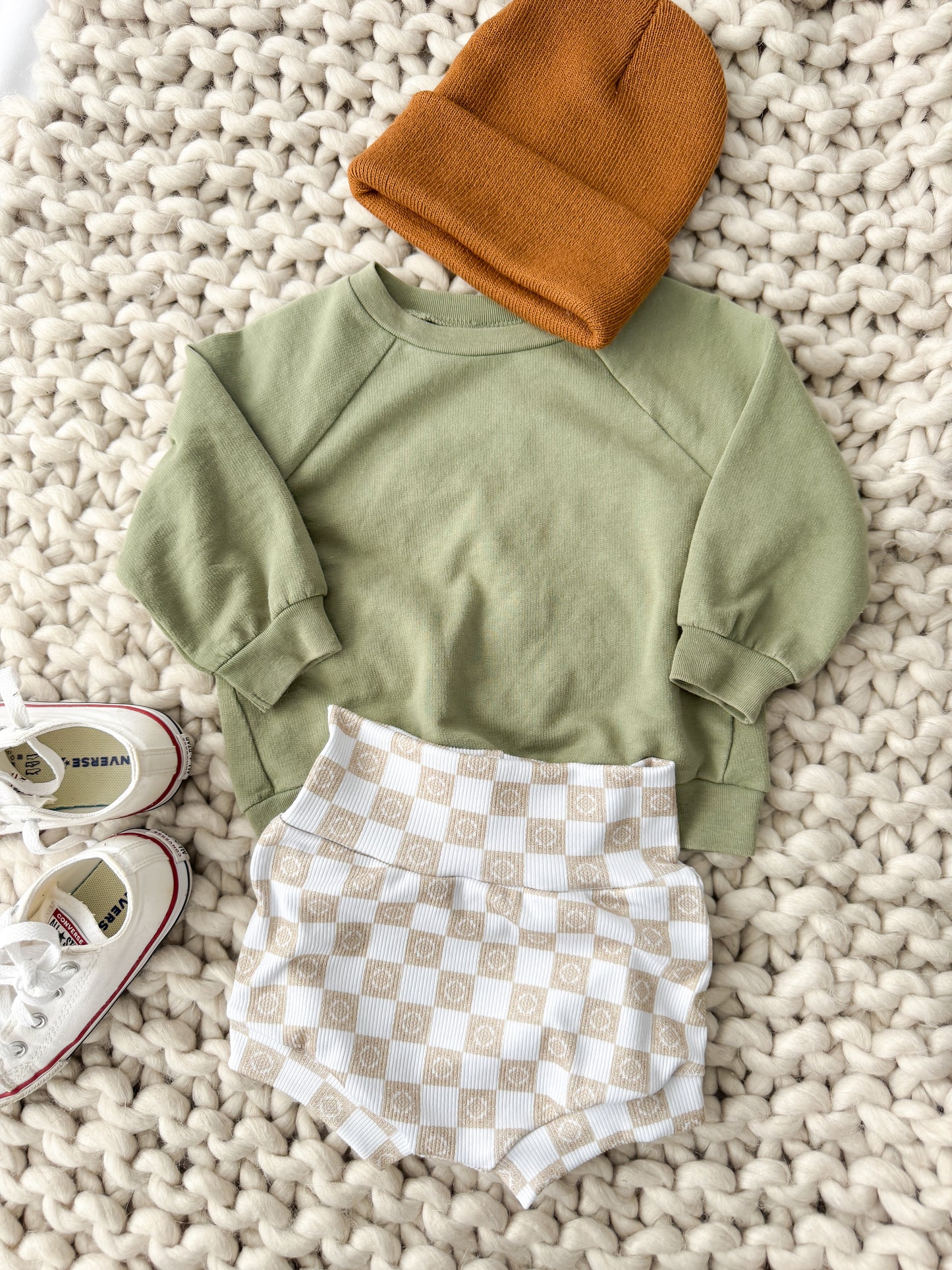 Checkered High Waist Rib Knit Bummies & Bow