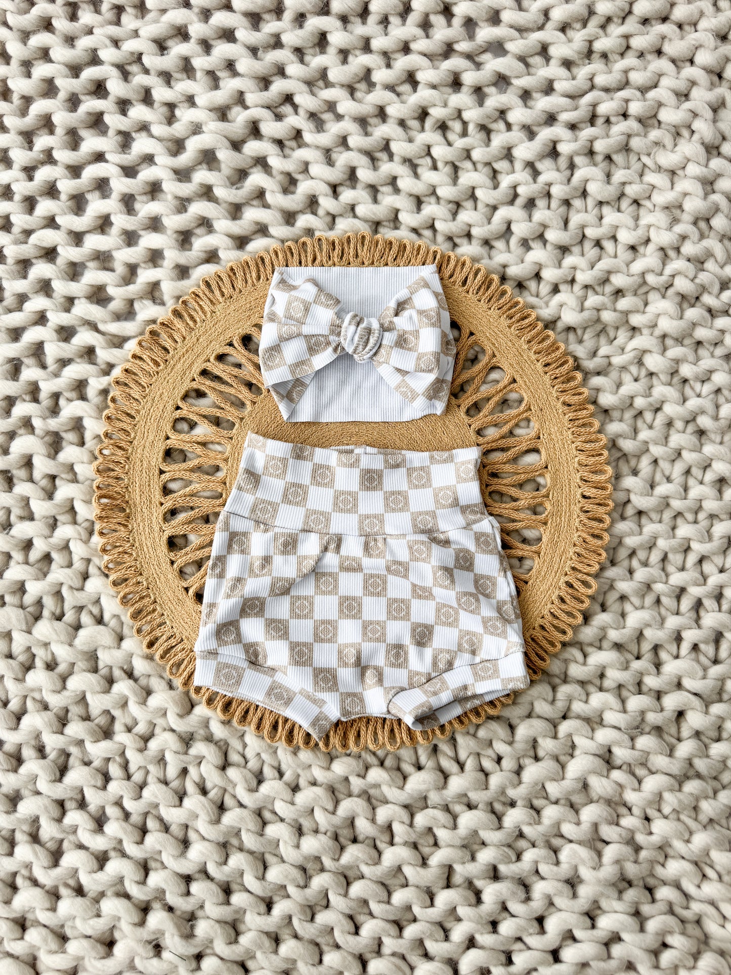 Checkered High Waist Rib Knit Bummies & Bow