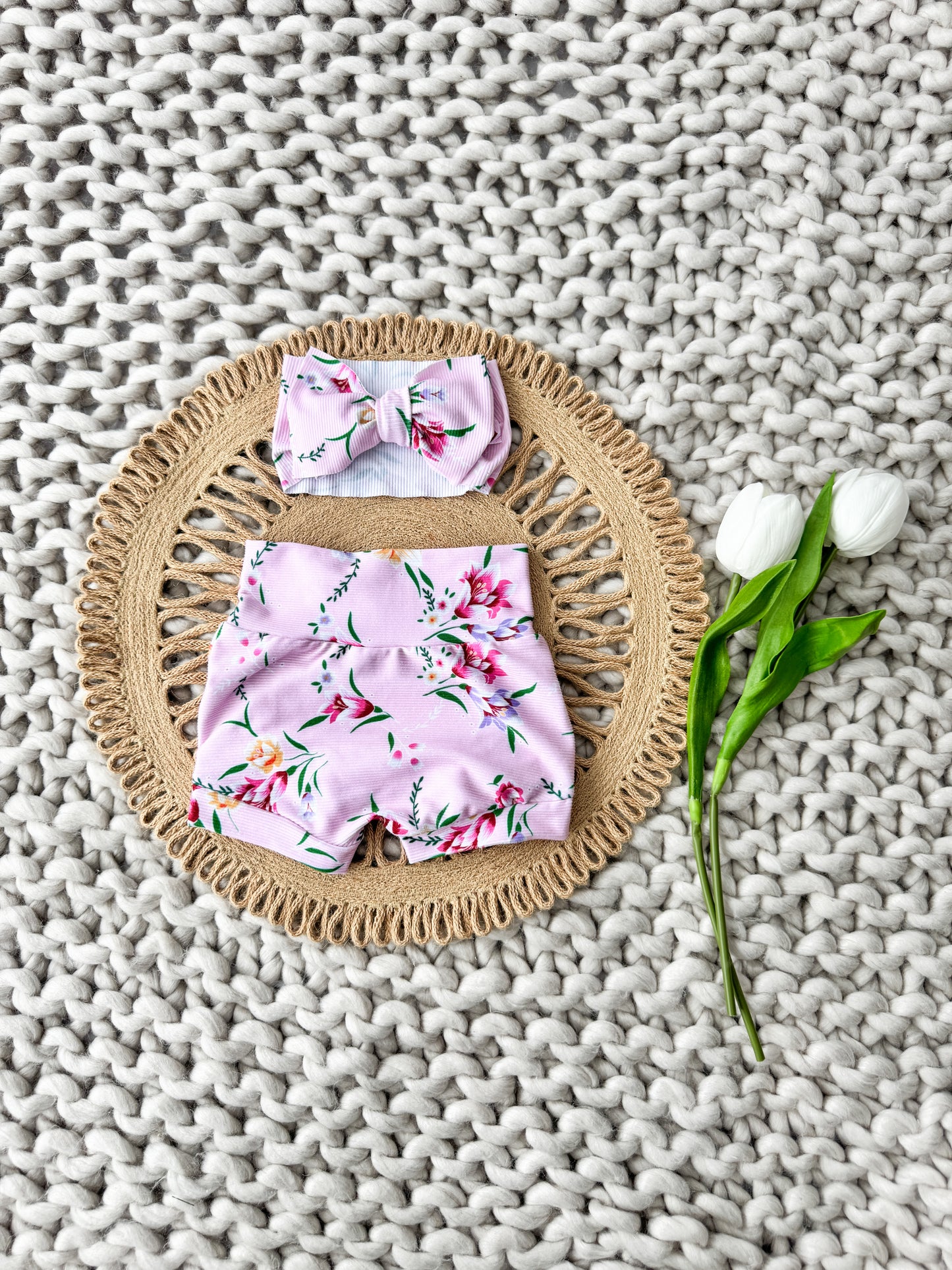 Pink Blossom High Waist Rib Knit Bummies & Bow