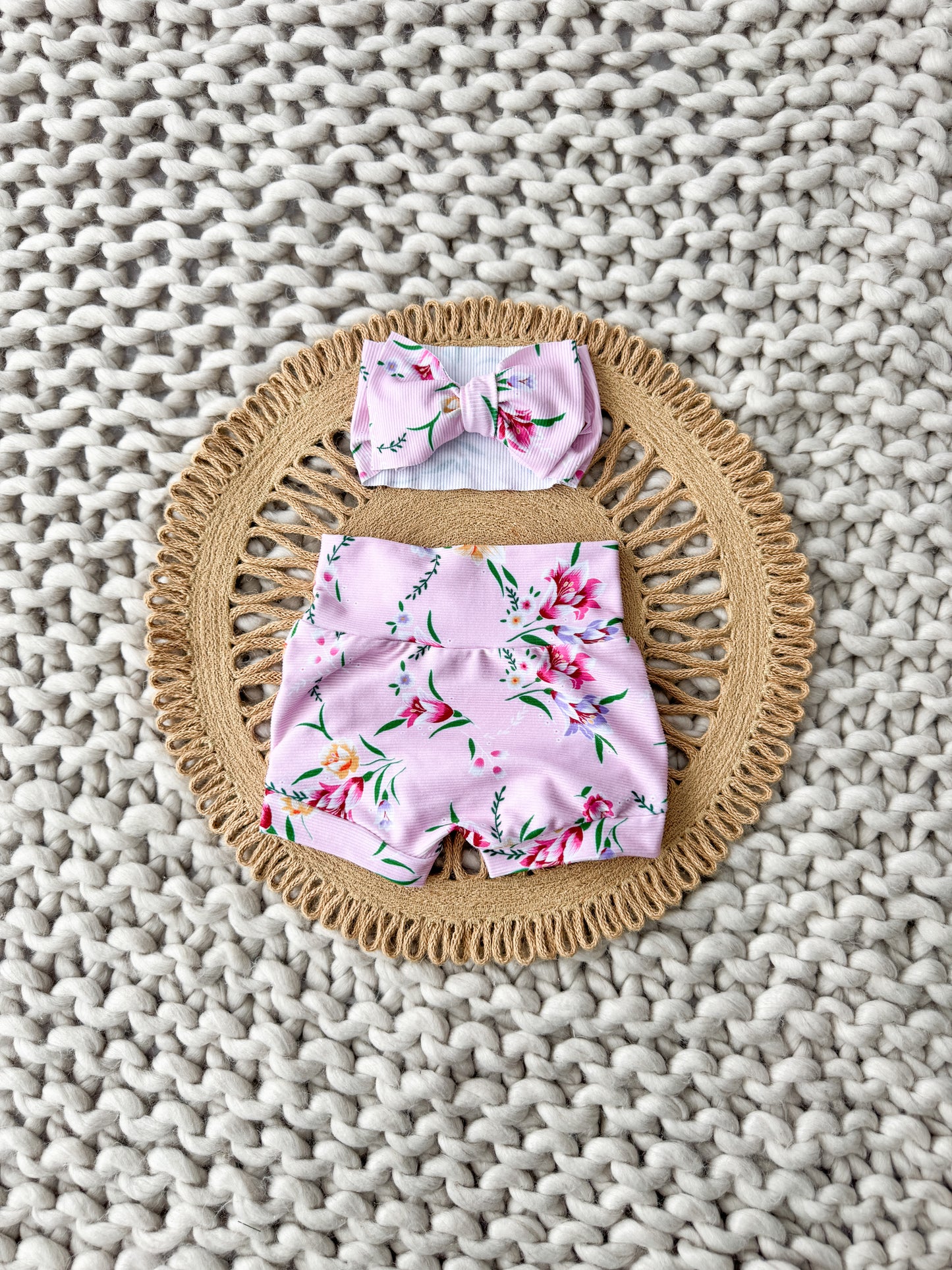 Pink Blossom High Waist Rib Knit Bummies & Bow