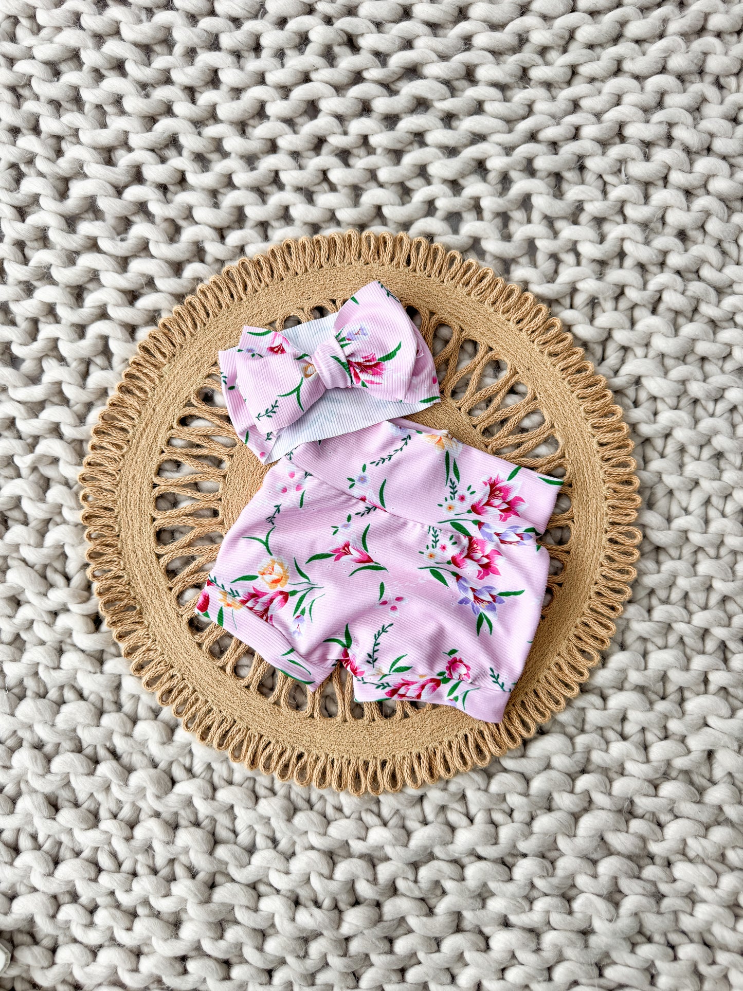 Pink Blossom High Waist Rib Knit Bummies & Bow