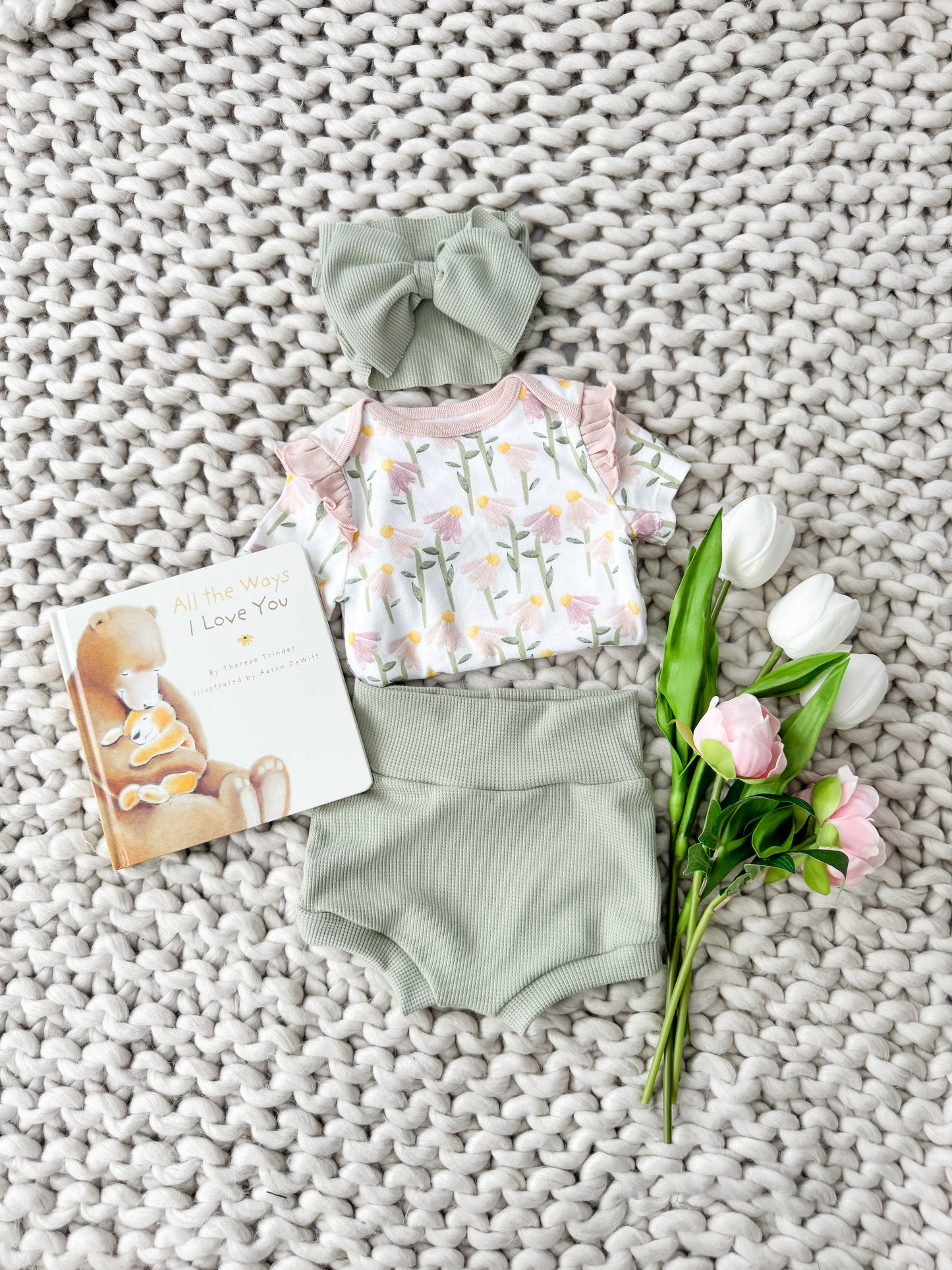 Sage High Waist Waffle Knit Bummies & Bow