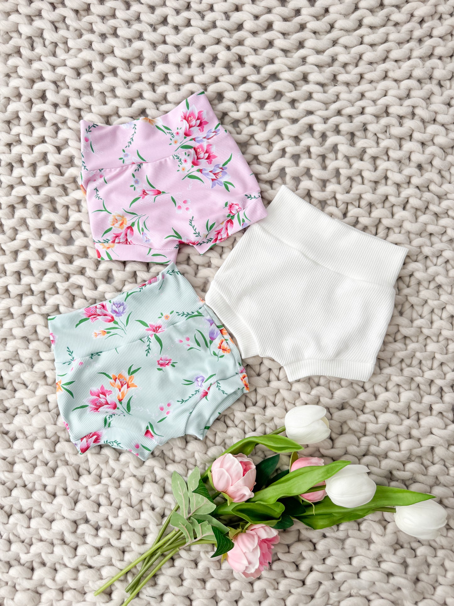Pink Blossom High Waist Rib Knit Bummies & Bow
