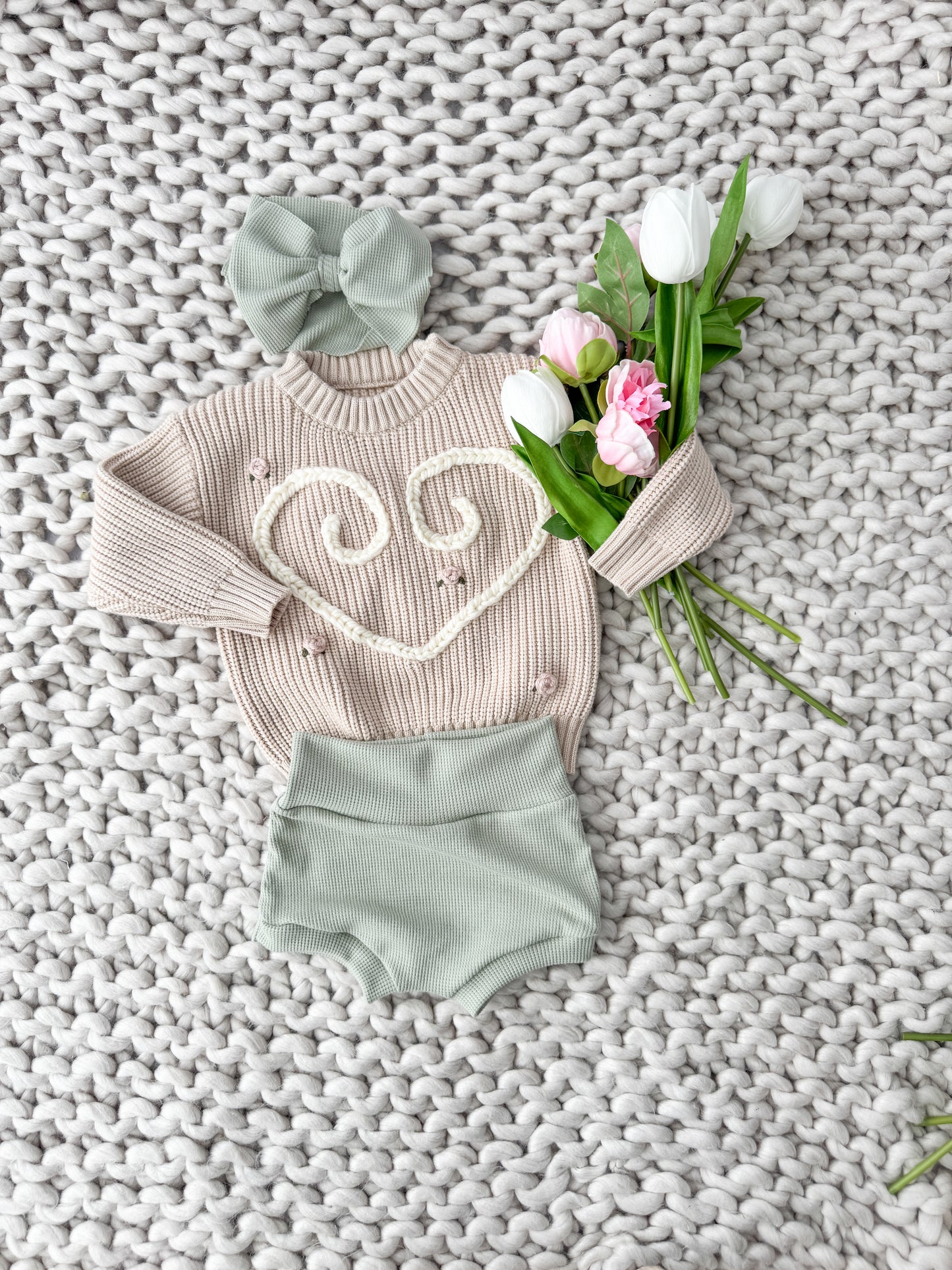 Sage High Waist Waffle Knit Bummies & Bow
