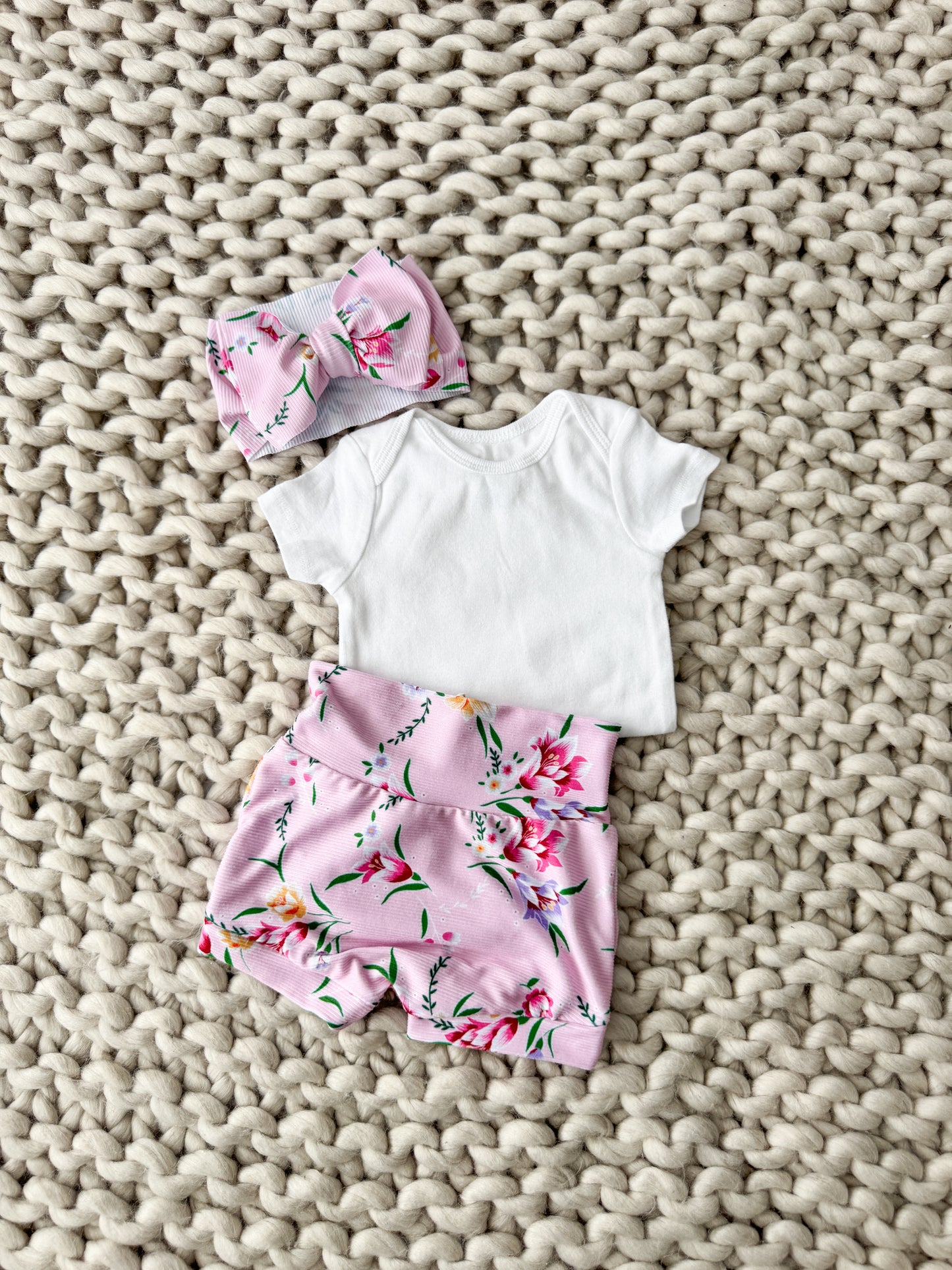 Pink Blossom High Waist Rib Knit Bummies & Bow