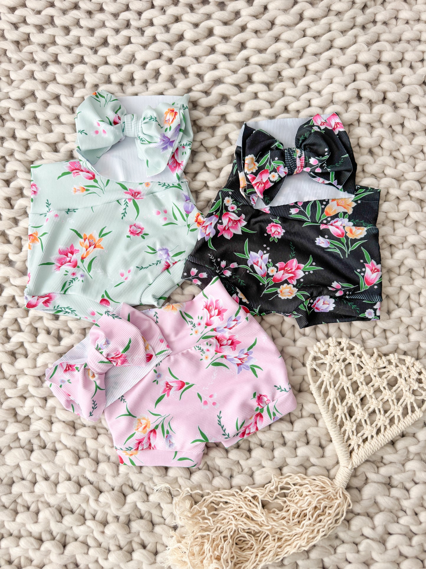 Pink Blossom High Waist Rib Knit Bummies & Bow