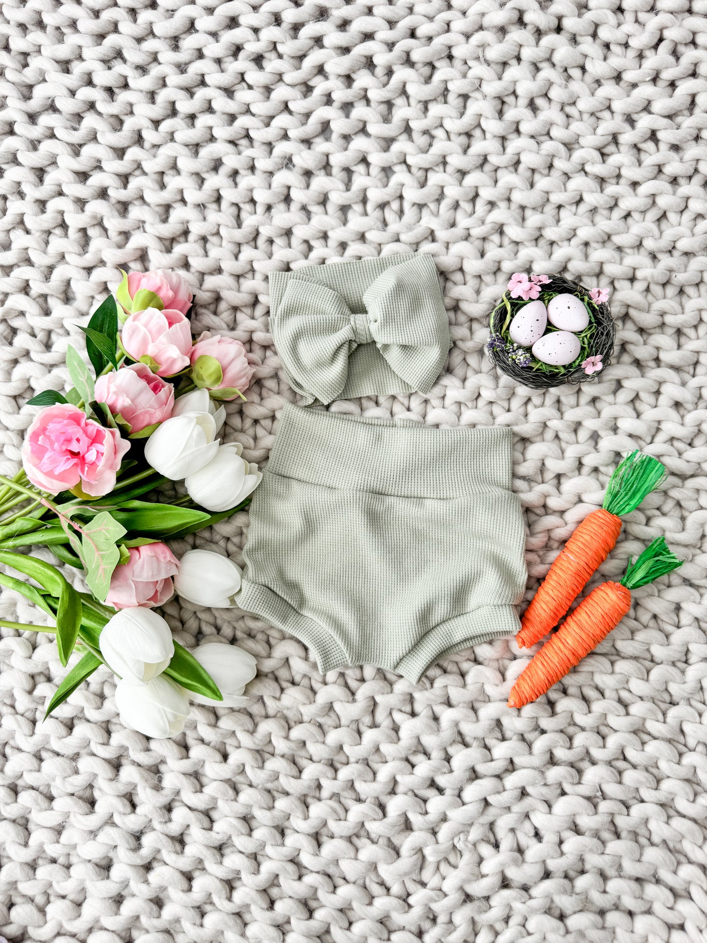 Sage High Waist Waffle Knit Bummies & Bow