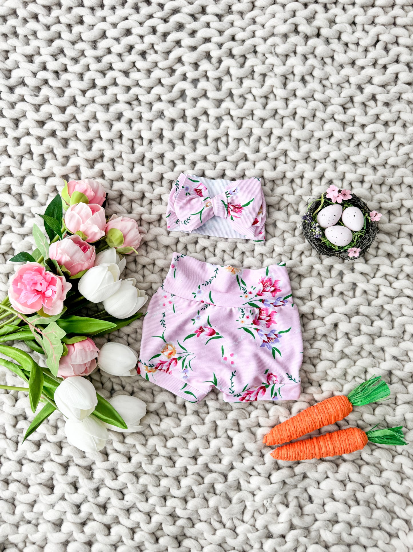 Pink Blossom High Waist Rib Knit Bummies & Bow