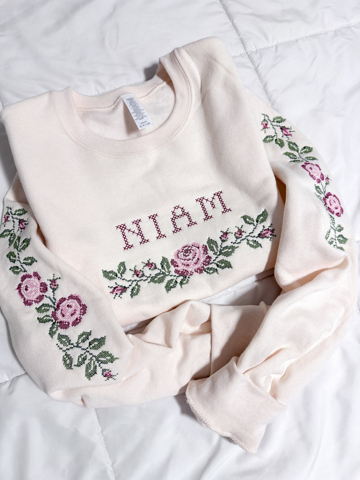 Niam Rose Cross-Stitch Embroidered Crewneck Sweatshirt