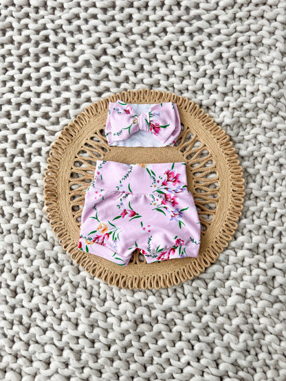 Pink Blossom High Waist Rib Knit Bummies & Bow