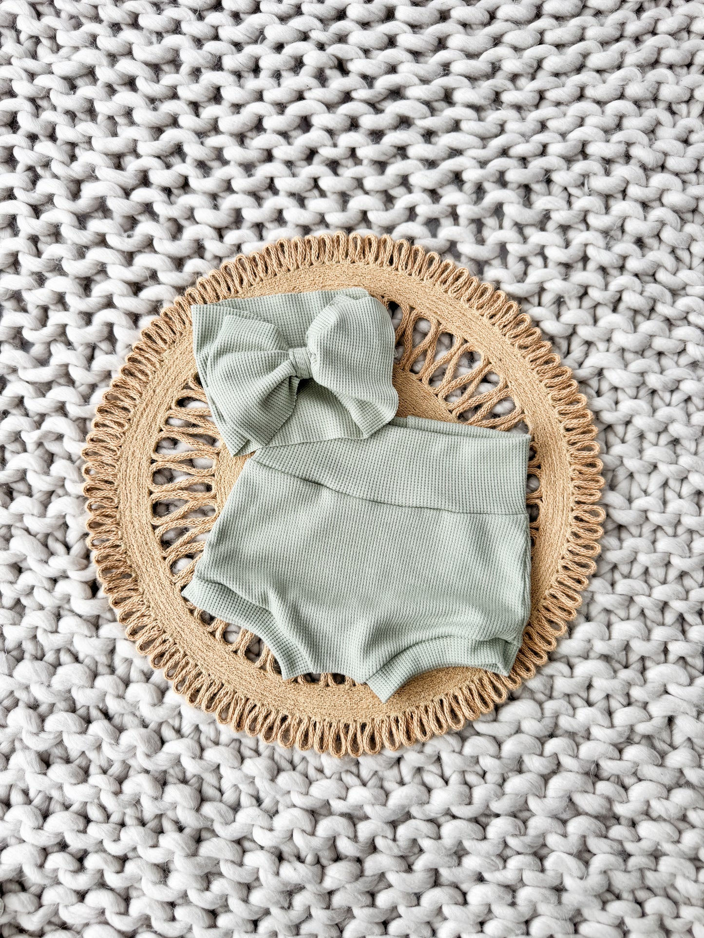Sage High Waist Waffle Knit Bummies & Bow