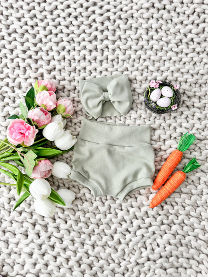 Sage High Waist Waffle Knit Bummies & Bow